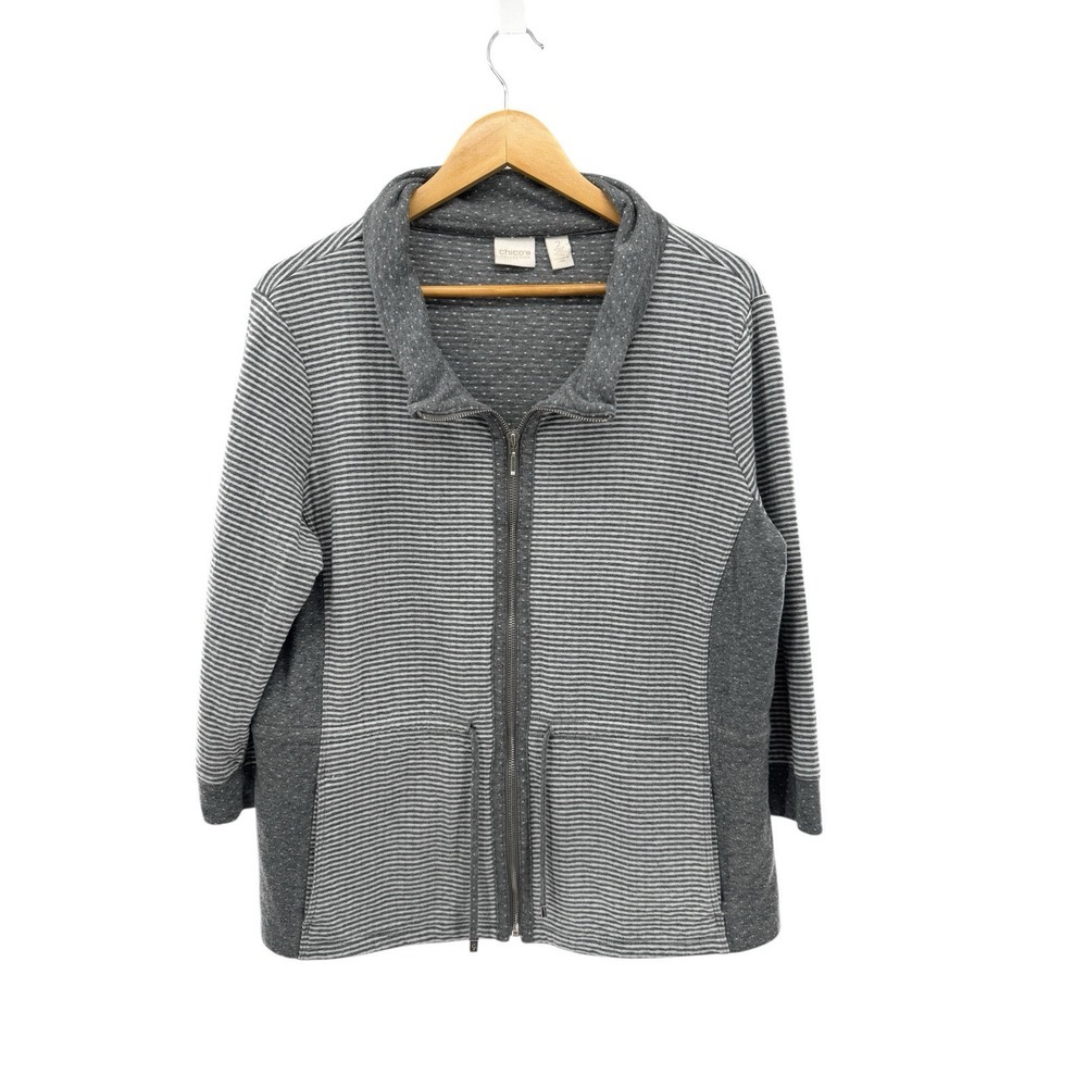 Chicos Jacket‎ Womens 2 Large Gray Striped Full Zip Cowl Neck Pockets Drawstring